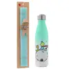 Easter Set, Metallic green/white thermos (Stainless steel), double-walled, 500ml & scented flat Easter candle (30cm) (TURQUOISE)