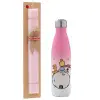Easter Set, Metallic pink/white (Stainless steel) thermos, double-walled, 500ml & aromatic flat Easter candle (30cm) (PINK)