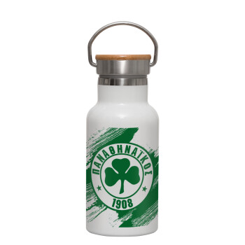 Π.Α.Ο., Μεταλλικό παγούρι θερμός (Stainless steel) Λευκό με ξύλινο καπακι (bamboo), διπλού τοιχώματος, 350ml