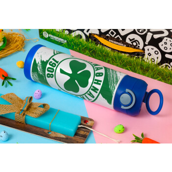 Π.Α.Ο., Easter candle, Childrens hot water bottle, stainless steel, with safety straw, BLUE (500ml)