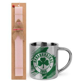 Π.Α.Ο., Easter Set, metallic thermal cup (300ml) & aromatic flat Easter candle (30cm) (PINK)