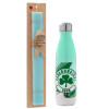 Easter Set, Metallic green/white thermos (Stainless steel), double-walled, 500ml & scented flat Easter candle (30cm) (TURQUOISE)