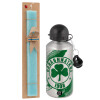 Easter Set, metallic silver aluminum water bottle (500ml) & scented flat Easter candle (30cm) (TURQUOISE)