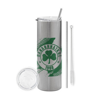 Π.Α.Ο., Tumbler stainless steel Silver 600ml, with metal straw & cleaning brush