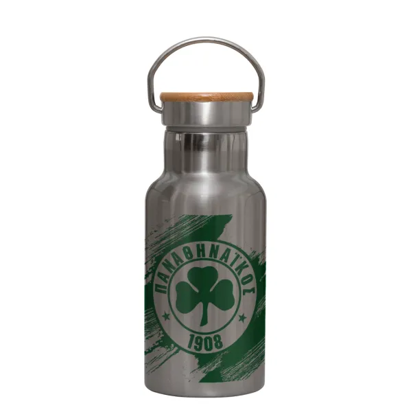 Π.Α.Ο. — Stainless steel metallic thermos flask, silver with a bamboo lid, double-walled, 350ml.