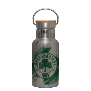 Π.Α.Ο., Stainless steel metallic thermos flask, silver with a bamboo lid, double-walled, 350ml.