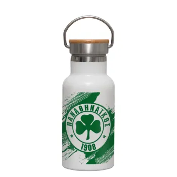 Π.Α.Ο., Μεταλλικό παγούρι θερμός (Stainless steel) Λευκό με ξύλινο καπακι (bamboo), διπλού τοιχώματος, 350ml