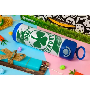 Π.Α.Ο., Easter candle, Childrens hot water bottle, stainless steel, with safety straw, BLUE (500ml)