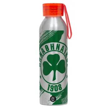 Π.Α.Ο., Αλουμινένιο Αθλητικό Μπουκάλι 650ml – Ασημί με Κόκκινο Καπάκι και Λουράκι Σιλικόνης