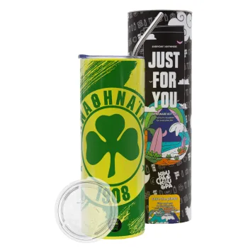 Π.Α.Ο., Neon Yellow Travel Tumbler θερμό, μεταλλικό καλαμάκι(Ανωξείδωτο 304 Food grade, BPA free, 600ml)