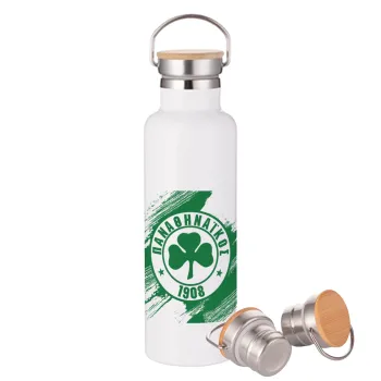 Π.Α.Ο., Stainless steel White with wooden lid (bamboo), double wall, 750ml