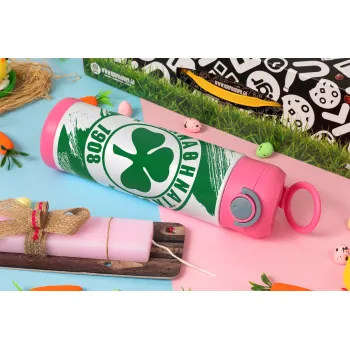 Π.Α.Ο., Easter candle, Childrens hot water bottle, stainless steel, with safety straw, PINK (500ml)