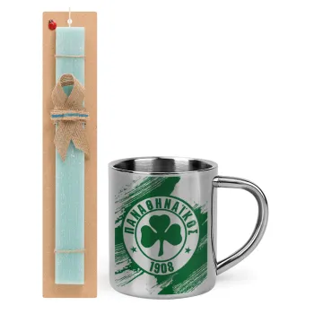 Π.Α.Ο., Easter Set, metallic thermal cup (300ml) & aromatic flat Easter candle (30cm) (TURQUOISE)
