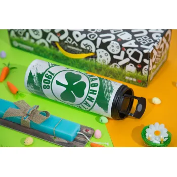 Π.Α.Ο., Easter candle,Travel Tumbler 2 Lids, with metal straw & cleaning brush & aromatic flat candle (30cm) (BLUE)