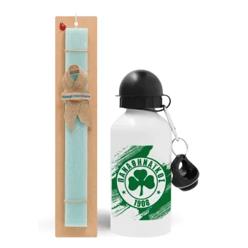 Π.Α.Ο., Easter Set, metallic aluminum water bottle (500ml) & scented flat candle (30cm) (TURQUOISE)