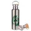 Μεταλλικό παγούρι θερμός (Stainless steel) Ασημένιο με ξύλινο καπακι (bamboo), διπλού τοιχώματος, 750ml