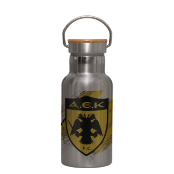 FC Α.Ε.Κ., Stainless steel metallic thermos flask, silver with a bamboo lid, double-walled, 350ml.