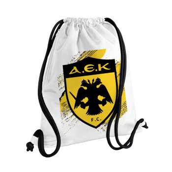 FC Α.Ε.Κ., Τσάντα πλάτης πουγκί GYMBAG λευκή, με τσέπη (40x48cm) & χονδρά κορδόνια