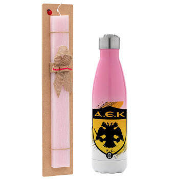 FC Α.Ε.Κ., Easter Set, Metallic pink/white (Stainless steel) thermos, double-walled, 500ml & aromatic flat Easter candle (30cm) (PINK)