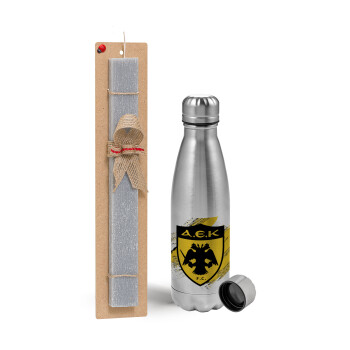 FC Α.Ε.Κ., Easter Set, metallic Inox water bottle (750ml) & aromatic flat Easter candle (30cm) (GRAY)