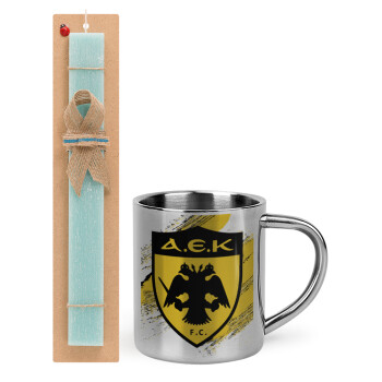 FC Α.Ε.Κ., Easter Set, metallic thermal cup (300ml) & aromatic flat Easter candle (30cm) (TURQUOISE)