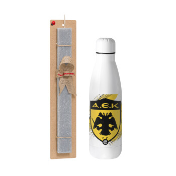FC Α.Ε.Κ., Easter Set, metallic stainless thermos bottle (500ml) & scented flat Easter candle (30cm) (GRAY)