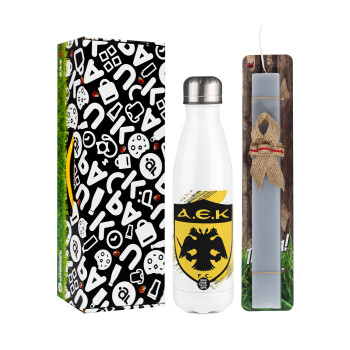 FC Α.Ε.Κ., Πασχαλινή Λαμπάδα με μεταλλικό παγούρι θερμός λευκός (500ml) & λαμπάδα αρωματική πλακέ (30cm) (ΓΚΡΙ)