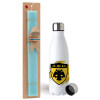 Easter Set, metallic stainless steel water bottle (750ml) & aromatic flat Easter candle (30cm) (TURQUOISE)