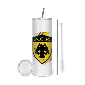FC Α.Ε.Κ., Tumbler ποτήρι θερμό από ανοξείδωτο ατσάλι 600ml, με μεταλλικό καλαμάκι & βούρτσα καθαρισμού