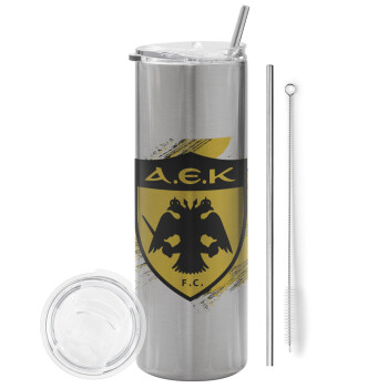 FC Α.Ε.Κ., Tumbler stainless steel Silver 600ml, with metal straw & cleaning brush