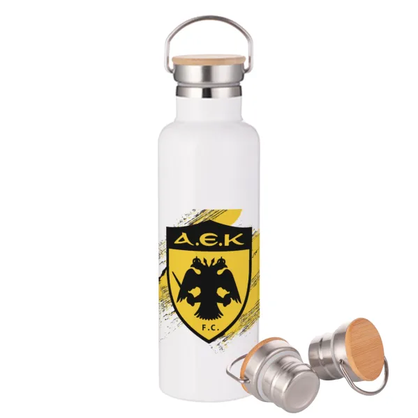 FC Α.Ε.Κ. — Μεταλλικό παγούρι θερμός (Stainless steel) Λευκό με ξύλινο καπάκι (bamboo), διπλού τοιχώματος, 750ml