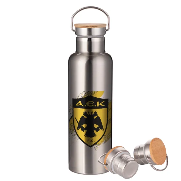 FC Α.Ε.Κ. — Μεταλλικό παγούρι θερμός (Stainless steel) Ασημένιο με ξύλινο καπακι (bamboo), διπλού τοιχώματος, 750ml