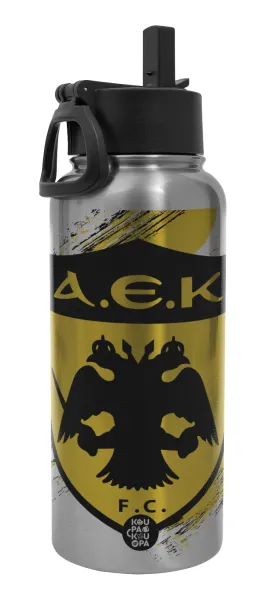 FC Α.Ε.Κ. — Metal mug thermo Silver with Straw and Spout Lid (Stainless steel), double wall, 950ml