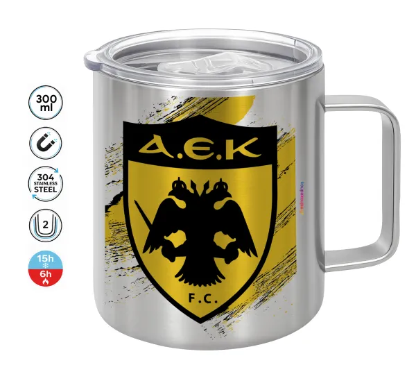 FC Α.Ε.Κ. — Double-walled stainless steel mug 300ml with temperature-retaining lid