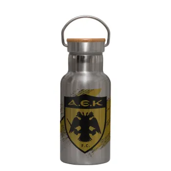FC Α.Ε.Κ., Stainless steel metallic thermos flask, silver with a bamboo lid, double-walled, 350ml.