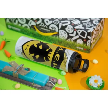 FC Α.Ε.Κ., Easter candle,Travel Tumbler 2 Lids, with metal straw & cleaning brush & aromatic flat candle (30cm) (BLUE)