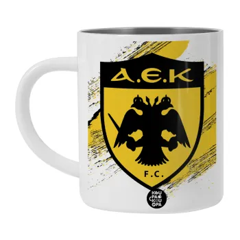 FC Α.Ε.Κ., Λευκή Ανοξείδωτη Μεταλλική Κούπα 450ml - Διπλού Τοιχώματος 