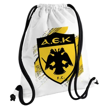 FC Α.Ε.Κ., Τσάντα πλάτης πουγκί GYMBAG λευκή, με τσέπη (40x48cm) & χονδρά κορδόνια