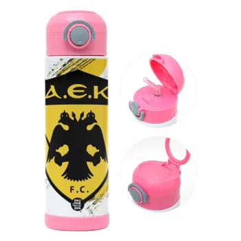 FC Α.Ε.Κ., Παιδικό παγούρι θερμό, ανοξείδωτο, με καλαμάκι ασφαλείας, ΡΟΖ (500ml)