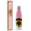Easter Set, Metallic pink/white (Stainless steel) thermos, double-walled, 500ml & aromatic flat Easter candle (30cm) (PINK)
