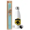 Easter Set, metallic stainless steel water bottle (750ml) & aromatic flat Easter candle (30cm) (TURQUOISE)