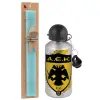 Easter Set, metallic silver aluminum water bottle (500ml) & scented flat Easter candle (30cm) (TURQUOISE)