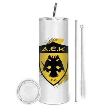 FC Α.Ε.Κ., Tumbler ποτήρι θερμό από ανοξείδωτο ατσάλι 600ml, με μεταλλικό καλαμάκι & βούρτσα καθαρισμού