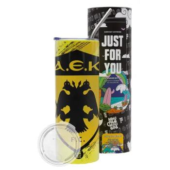 FC Α.Ε.Κ., Neon Yellow Travel Tumbler θερμό, μεταλλικό καλαμάκι(Ανωξείδωτο 304 Food grade, BPA free, 600ml)