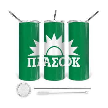 PASOK Green/White, Tumbler stainless steel 600ml, with metal straw & cleaning brush