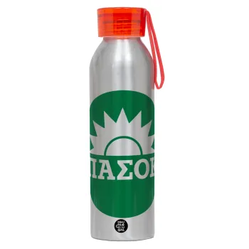 ΠΑΣΟΚ Πράσινο, Αλουμινένιο Αθλητικό Μπουκάλι 650ml – Ασημί με Κόκκινο Καπάκι και Λουράκι Σιλικόνης