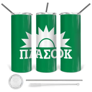 ΠΑΣΟΚ Πράσινο, Tumbler ποτήρι θερμό από ανοξείδωτο ατσάλι 600ml, με μεταλλικό καλαμάκι & βούρτσα καθαρισμού