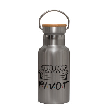 Friends Pivot, Stainless steel metallic thermos flask, silver with a bamboo lid, double-walled, 350ml.