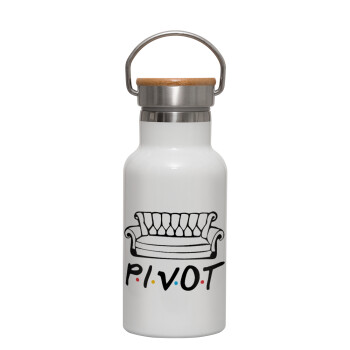 Friends Pivot, Metallic thermos (Stainless steel) White with wooden lid (bamboo), double-walled, 350ml