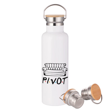 Friends Pivot, Stainless steel White with wooden lid (bamboo), double wall, 750ml
